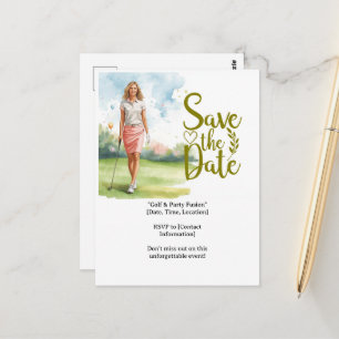 Golf woman golfer is golfing on green postcard