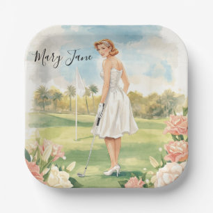 Golf Woman golfer on golf course Bridal Paper Plate