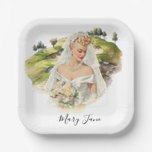 Golf Woman golfer on golf course Bridal Paper Plate