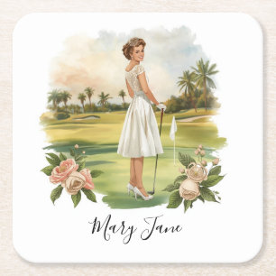 Golf Woman golfer on golf course Bridal  Square Paper Coaster