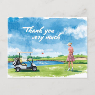 Golf woman golfer with cart on green postcard