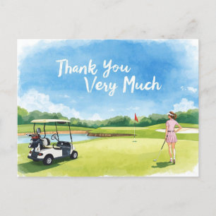 Golf woman golfer with cart on green postcard