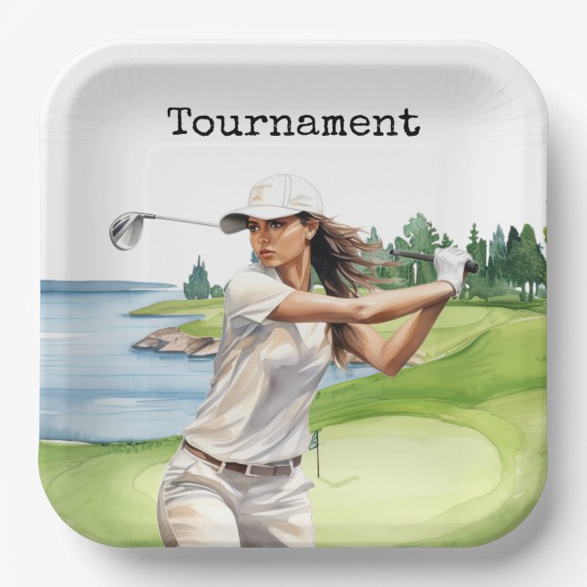 Golf Woman in golf course Paper Plate (Front)