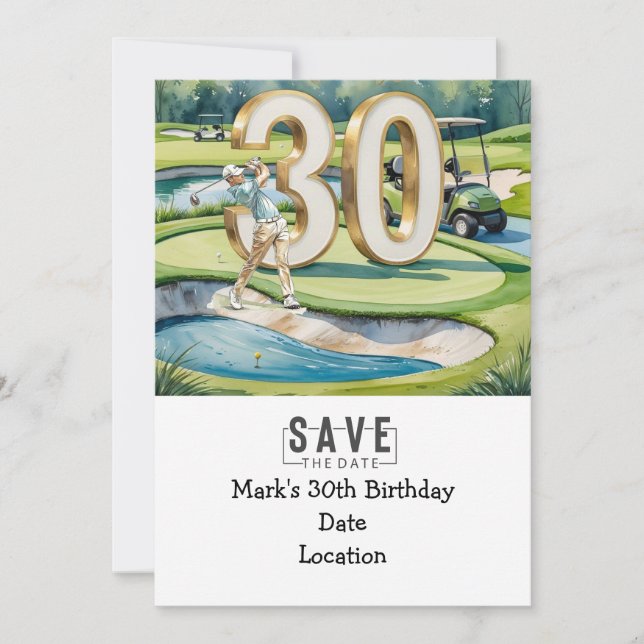 Golfer 30th Birthday with golf cart Save the Date Invitation (Front)