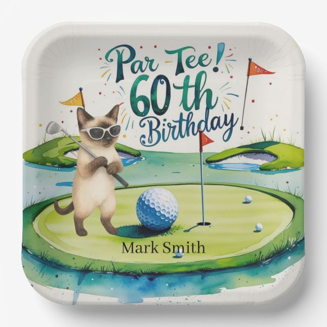 Golfer 60th Birthday for Siamese Cat Lovers Paper Plate (Front)