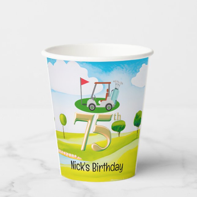 Golfer 75th Birthday on golf course Paper Cups (Front)