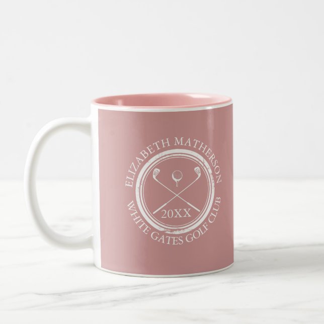 Golfer and Club Name Date Dusty Rose Pink Two-Tone Coffee Mug (Left)