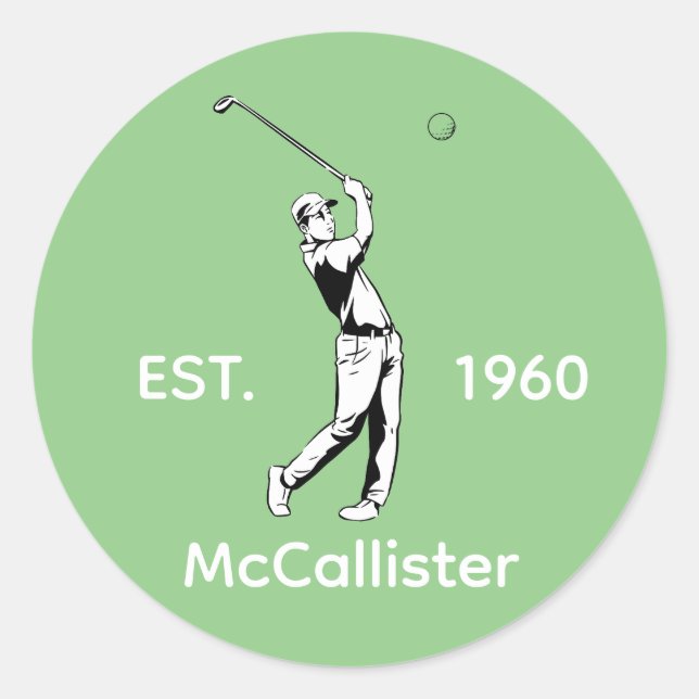 Golfer and Personalised name and year Classic Round Sticker (Front)