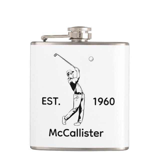 Golfer and Personalised name and year Hip Flask (Front)