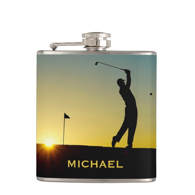 Golfer at Sunset Personalised Hip Flask (Front)