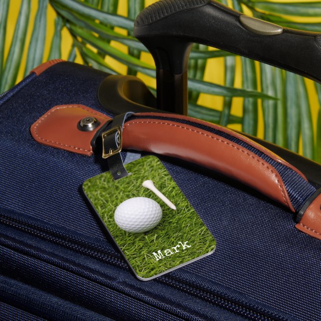 Golfer bag tag with golf ball and tees  (Front Insitu 1)