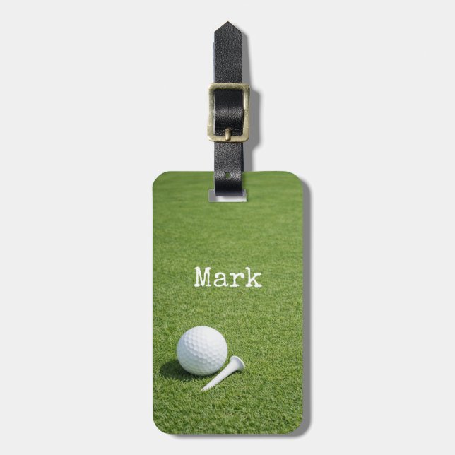 Golfer bag tag with golf ball  at hole (Front Vertical)