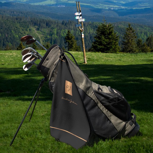 Golfer black gold modern monogrammed name elegant golf towel (Creator Uploaded)