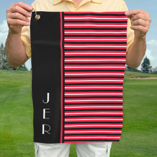 Golfer Custom Initials Black Red Modern Stripes Golf Towel