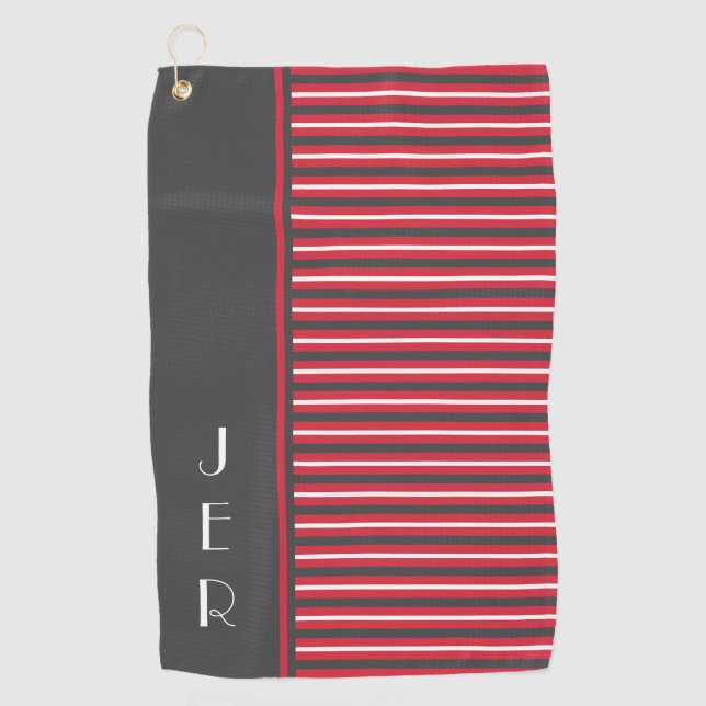 Golfer Custom Initials |  Red Grey Modern Stripes Golf Towel (Front)