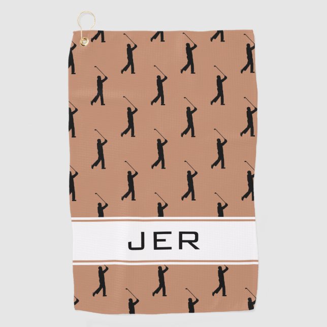Golfer Custom Monogram Modern Pattern Orange Black Golf Towel (Front)