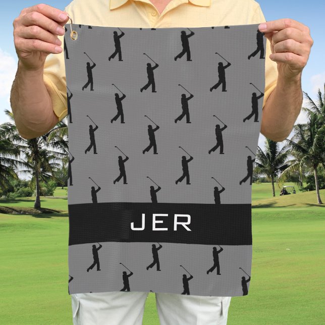 Golfer Customised Monogrammed Pattern Grey Black Golf Towel (Creator Uploaded)