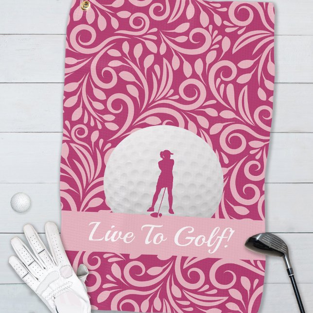 Golfer Feminine Lady Silhouette Pink Girly Modern  Golf Towel (Golfer Feminine Lady Silhouette Pink Girly Modern Golf Towel)