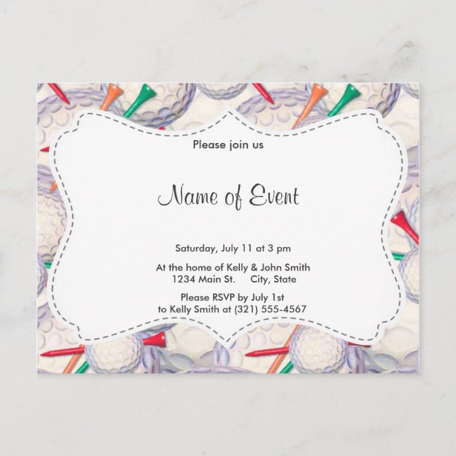 Golfer; Golf Balls & Tees Pattern Invitation Postcard (Front)