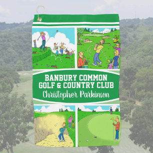 Golfer & Golf Club Name with 4 Funny Cartoons Golf Towel