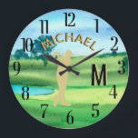Golfer Golf Course Custom Name 3-D Monogram Large Clock<br><div class="desc">A custom unique golf lover's wall clock-- tastefully done -- ready to run the course -- scenic - golfer in action - and personalise with a custom two-tone monogram as well and their name as well. This is a great gift for all gentlemen golf lovers -- fun / attractive /...</div>