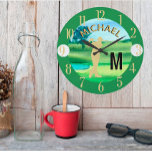 Golfer Golf Course Custom Name 3-D Monogram   Large Clock<br><div class="desc">A custom unique golf lover's wall clock-- tastefully done -- ready to run the course -- scenic - golfer in action - and personalise with a custom two-tone monogram as well and their name as well. This is a great gift for all gentlemen golf lovers -- fun / attractive /...</div>
