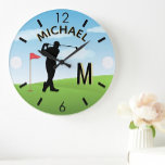 Golfer Golf Course Custom Name 3-D Monogram   Large Clock<br><div class="desc">A custom unique golf lover's wall clock-- tastefully done -- ready to run the course -- scenic - golfer in action - and personalise with a custom two-tone monogram as well and their name as well. This is a great gift for all gentlemen golf lovers -- fun / attractive /...</div>