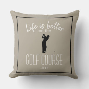 Golfer Golf Course Quote Monogrammed Taupe Black Cushion