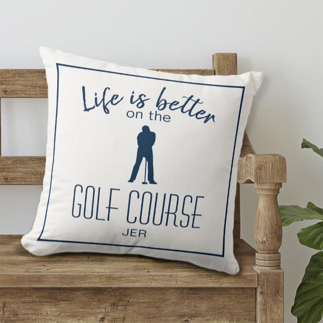 Golfer Golf Course Quote Monogrammed White Blue Cushion (Golfer Golf Course Quote Monogrammed White Blue Throw Pillow)