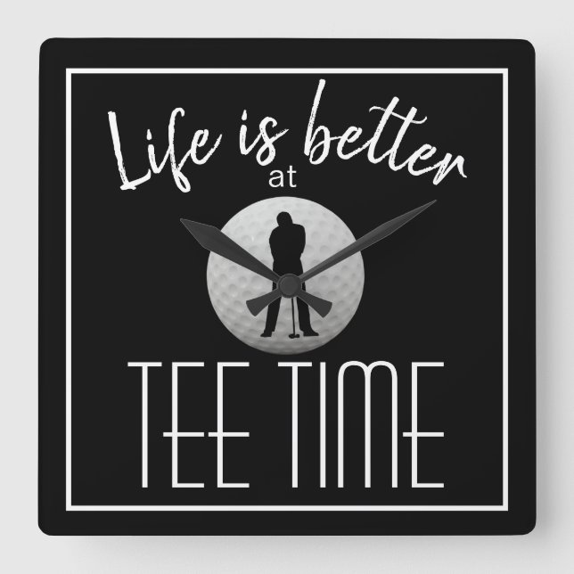 Golfer Golf Course Tee Time Black White Square Wall Clock (Front)