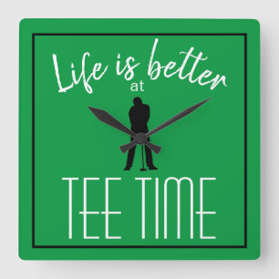 Golfer Golf Course Tee Time Green Black Square Wall Clock