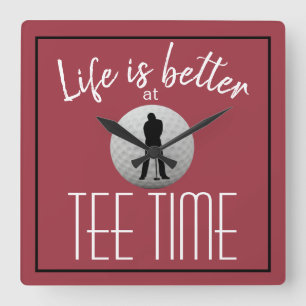 Golfer Golf Course Tee Time Red Black Square Wall Clock