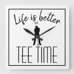 Golfer Golf Course Tee Time White Black Square Wall Clock