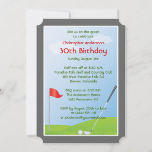 Golfer Golf Golfing Ball and Flag 30th Birthday Invitation