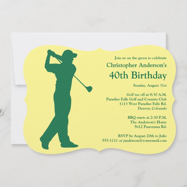 Golfer Golf Green tan 40th Birthday Invitation (Back)