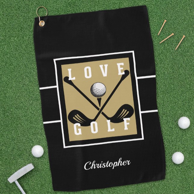 Golfer Golf Quote Modern Monogram Pro Gold Black Golf Towel (Creator Uploaded)