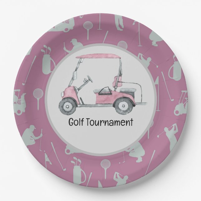 Golfer Golfing Golf Cart party tournament pink Paper Plate (Front)