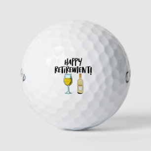Golfer happy retirement with wine glass and bottle golf balls