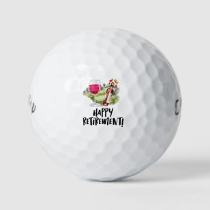 Golfer happy retirement with wine glass and bottle golf balls