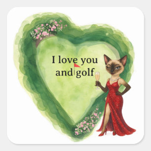 Golfer Happy Valentine’s Day – Glam Siamese Cat  Square Sticker