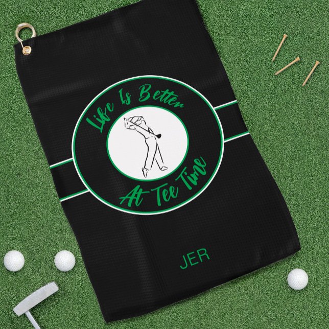 Golfer Humour Tee Time Sport Monogram Black & Gree Golf Towel (Creator Uploaded)