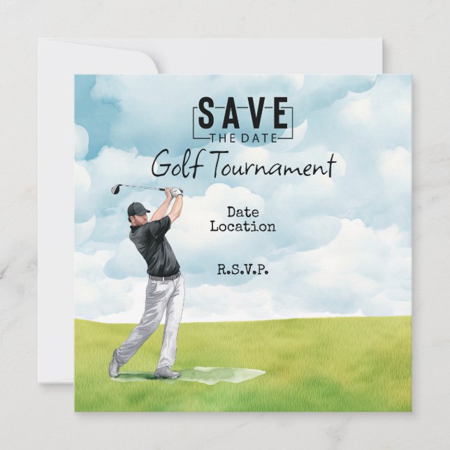 Golfer in the golf course save the date invitation (Front)