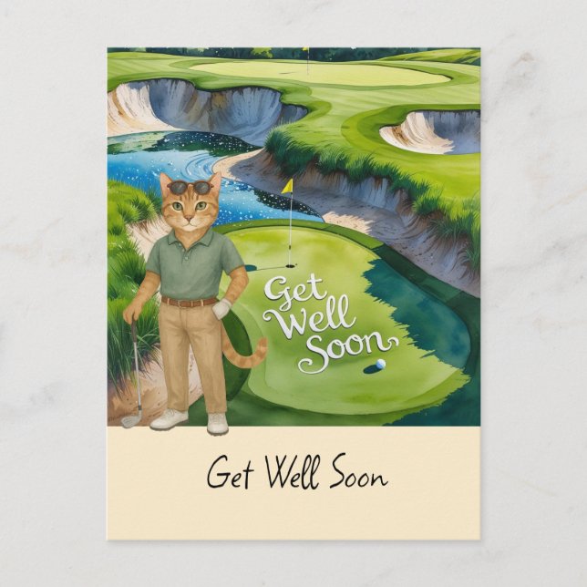Golfer is golfing for cat lovers to get well soon postcard (Front)