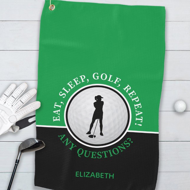 Golfer Lady Silhouette Golf Ball Quote Black Green Golf Towel (Golfer Lady Silhouette Golf Ball Quote, "Eat, Sleep, Golf, Repeat!.." Black Green Golf Towel For Her)