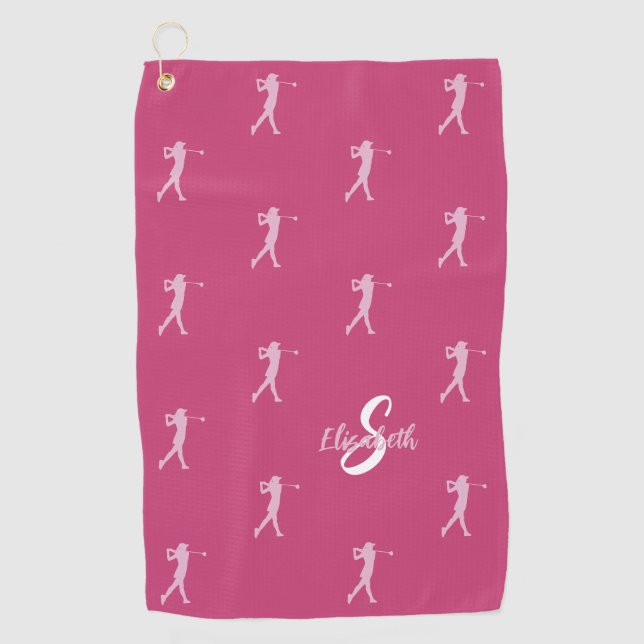 Golfer Monogrammed Pro Sports Equipment Pink White Golf Towel (Front)