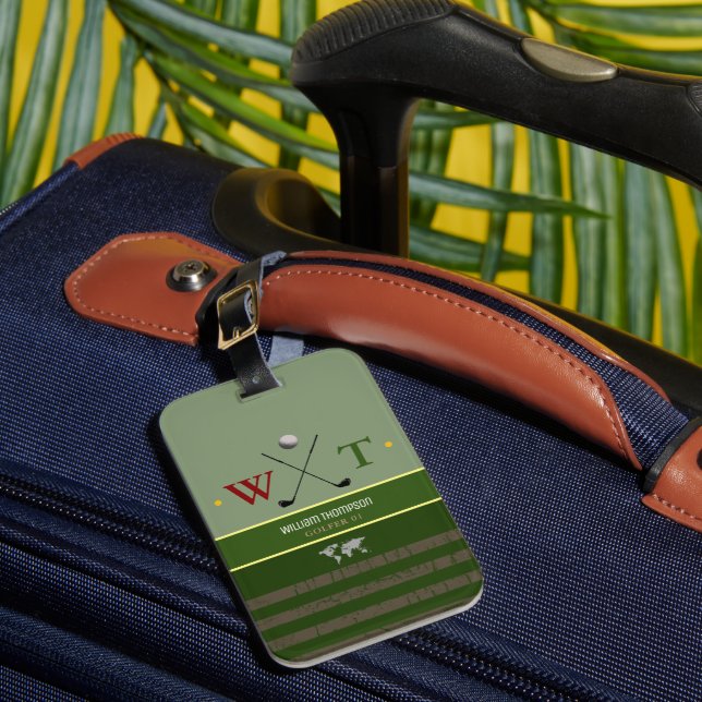 golfer name cool green travel luggage tag (Front Insitu 1)