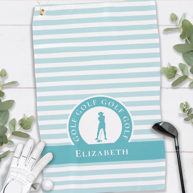 Golfer Name Female Silhouette Monogram Name Teal  Golf Towel (Creator Uploaded)