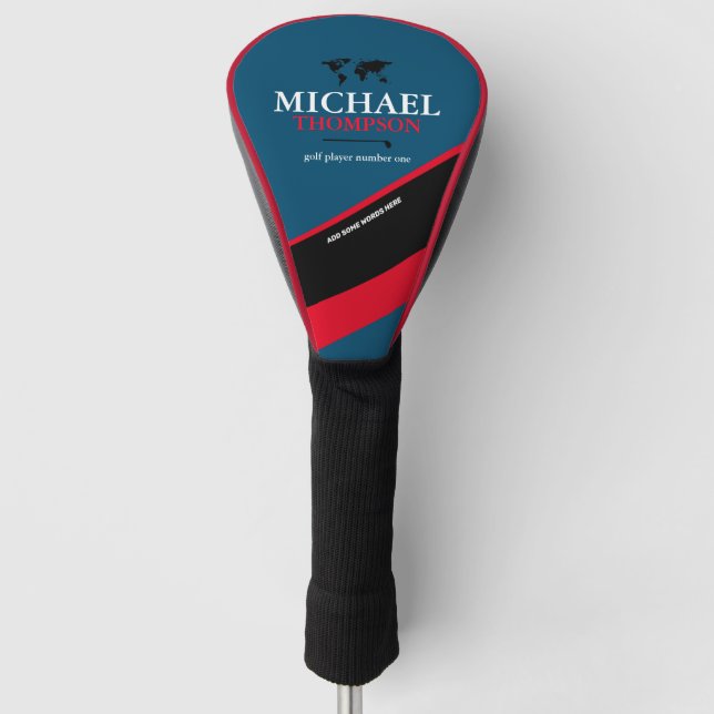 golfer name on stylish blue and red golf head cover (Front)
