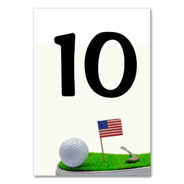 Golfer party with golf ball and U.S.A. flag Table Number (Front)