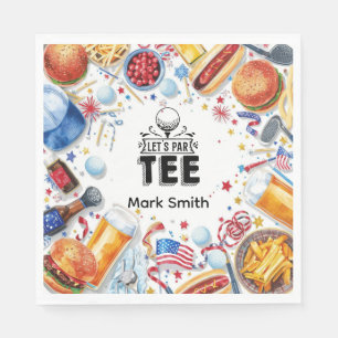 Golfer party with golf equipment and usa food napkin